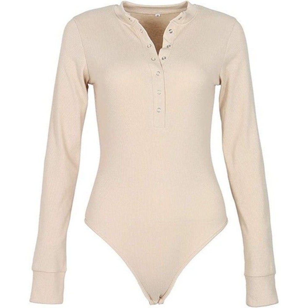 New GEMBERA Women Front Button, Long Sleeve Ribbed Bodysuit, Small, Color Beige